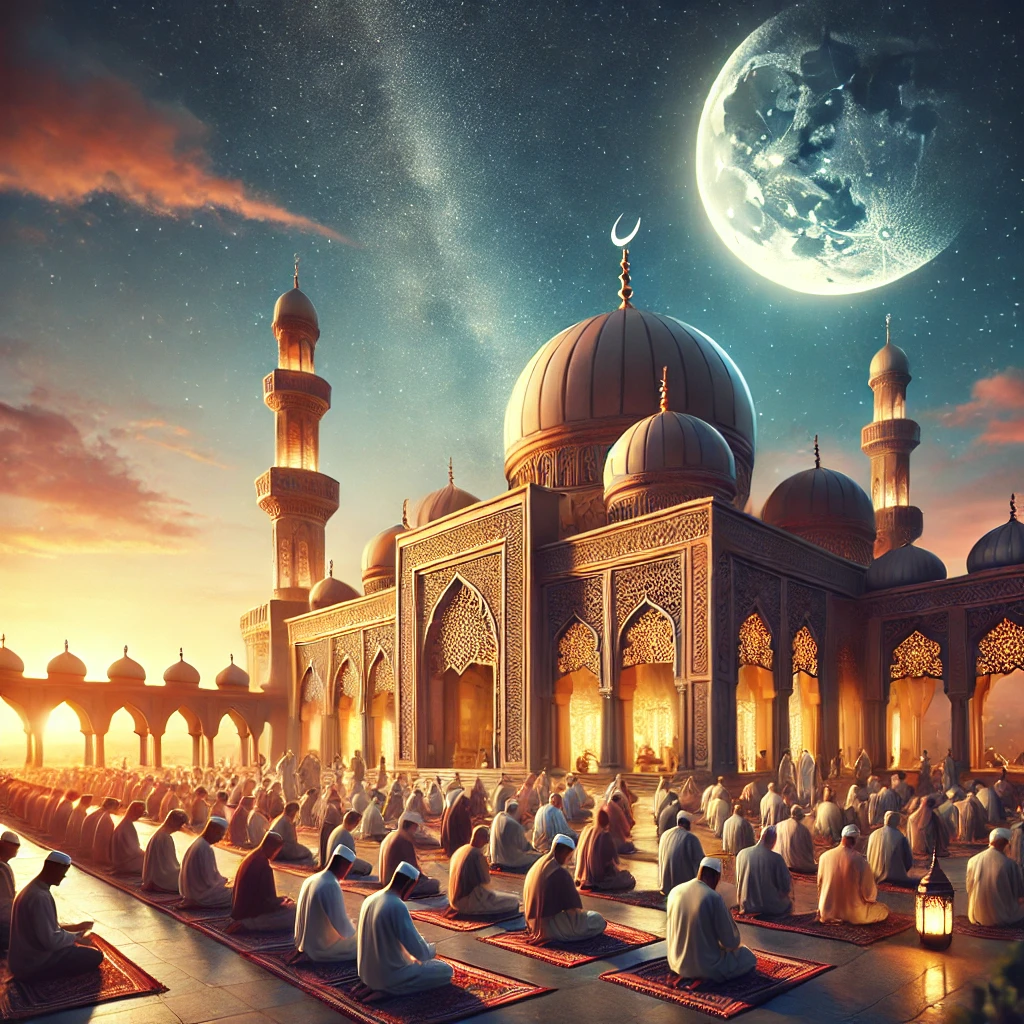 "Mosque during Ramadan with crescent moon, people gathered for prayer, and a peaceful sunset background"