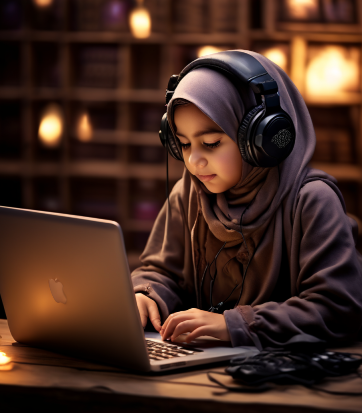 A girl reading a quran class in online class.